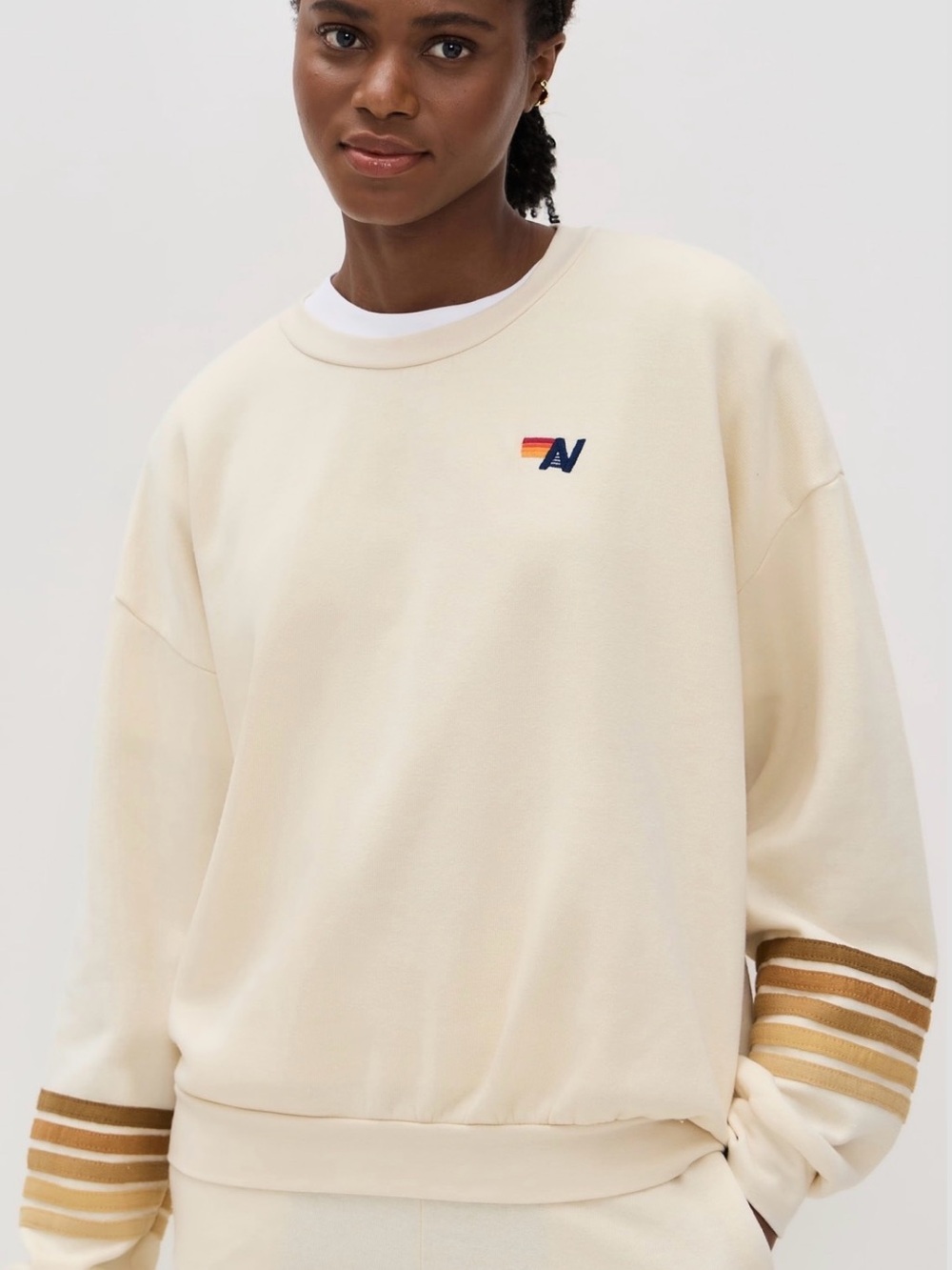 Aviator Nation Cream Rugby Stripe Crewneck Sweatshirt - Stripe Sleeve Detail
